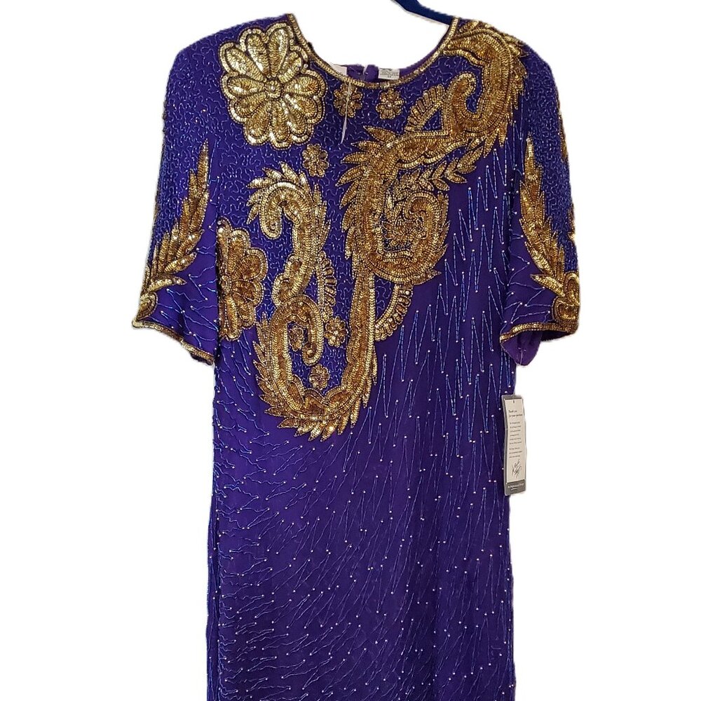 Laurence Kazar Dragon Pattern Sequin Beaded Dress blue/purple/gold 100% Silk, 2X